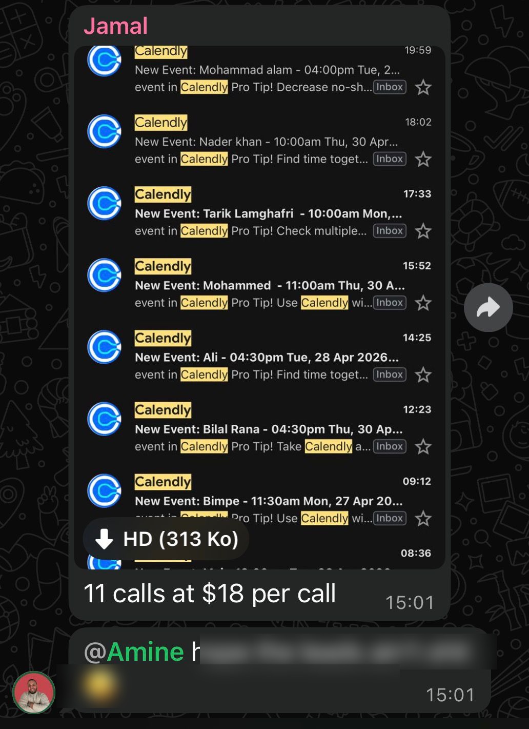 Telegram message from Jamal showing 11 booked calls in a single day
